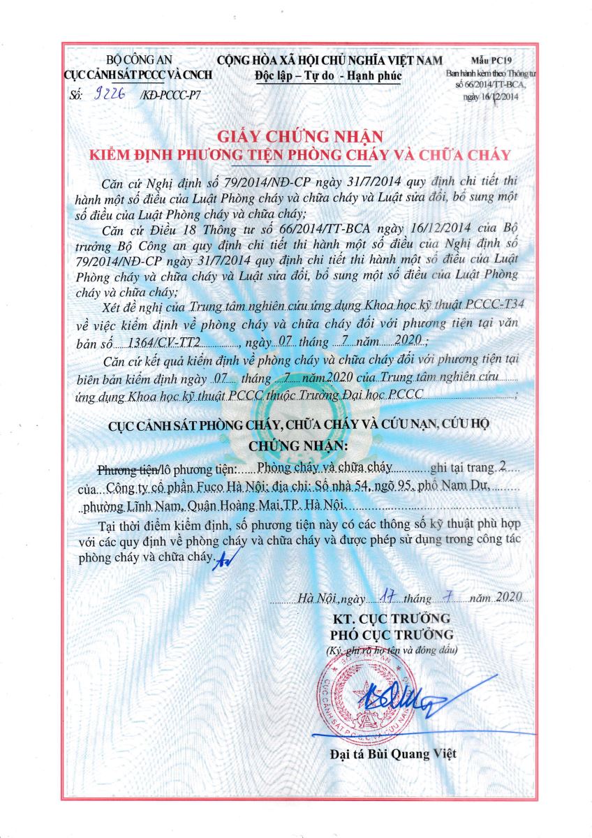 Chứng chỉ, chứng nhận chống cháy